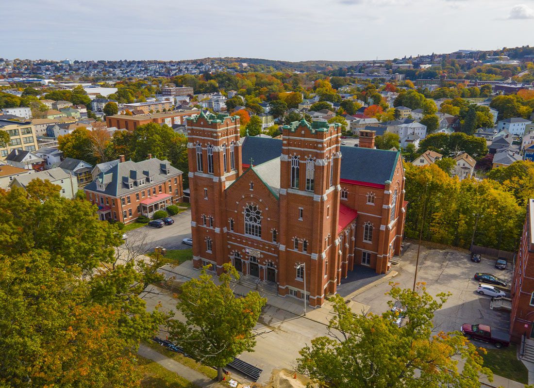Belmont, MA - Belmont Ame Zion Church Aerial View in Fall With Fall Foliage at 55 Illinois Street in City of Worcester, Massachusetts